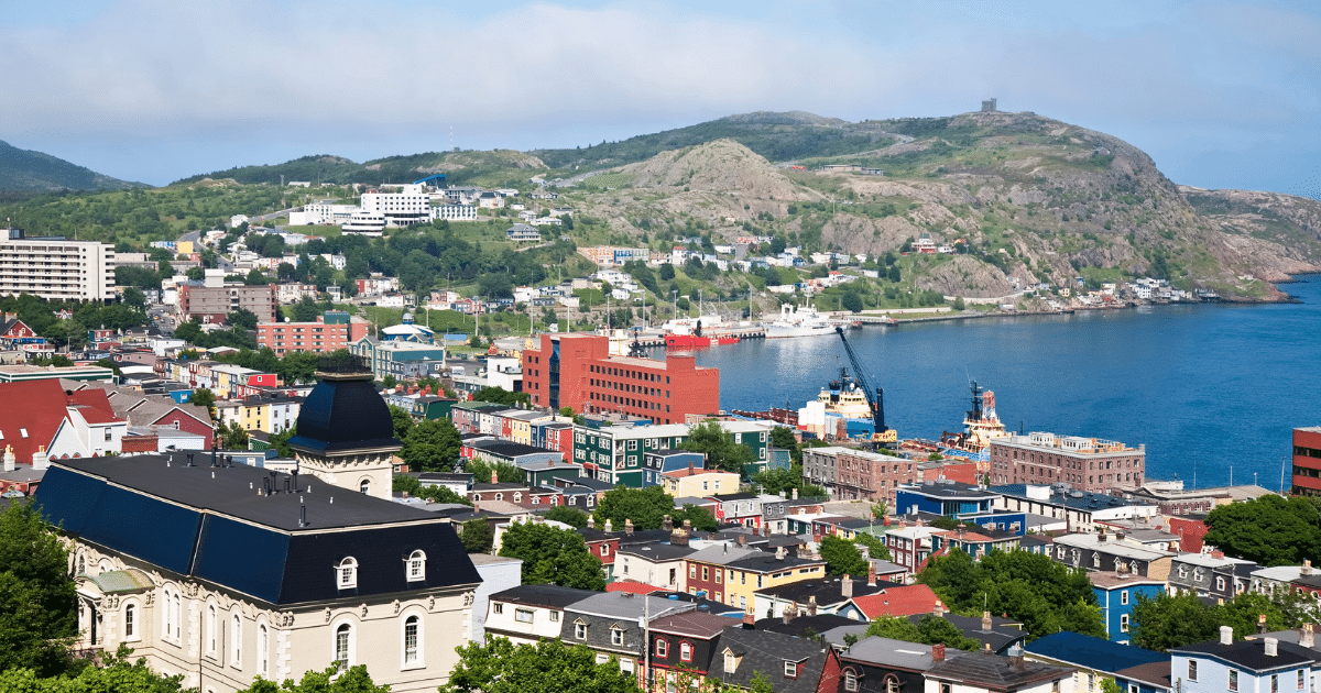 Scenic view of St. John's Harbor and distinctive architecture in Newfoundland