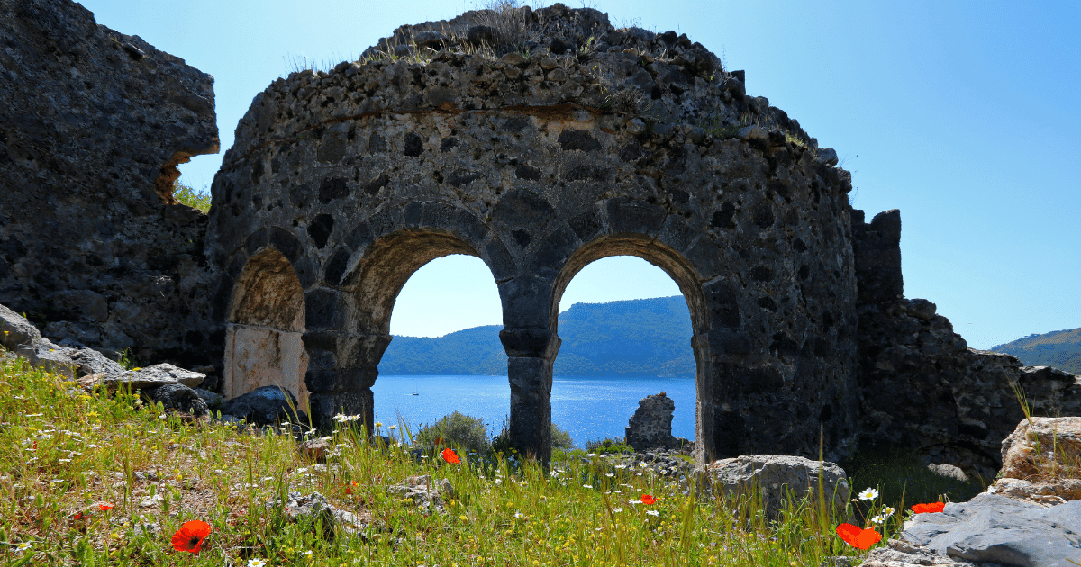 Ancient beachfront ruins in Oludeniz, a captivating historical site near Fethiye, Turkey