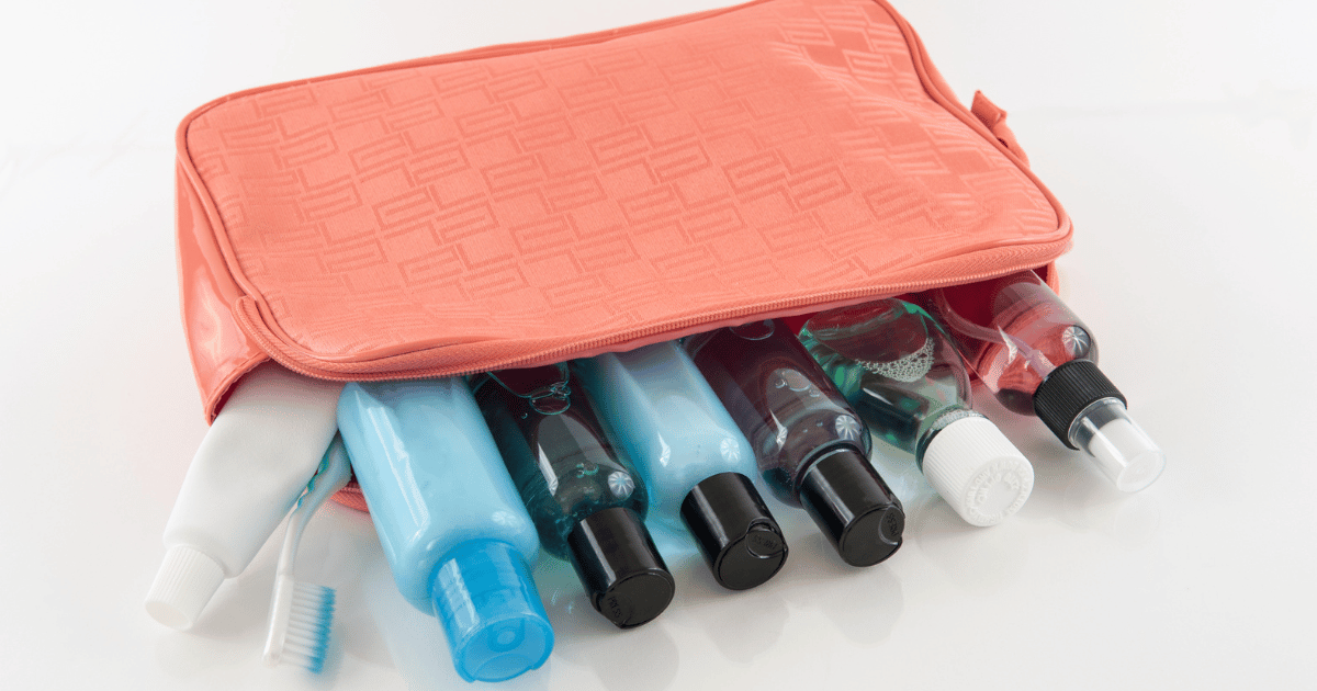 Open toiletry bag with personal care items
